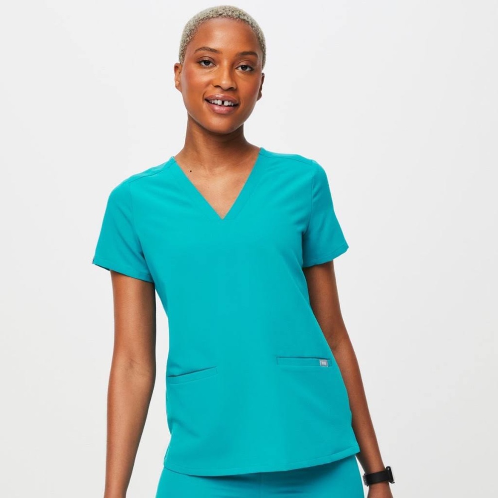 Figs Teal V-Neck Short Sleeve Tee